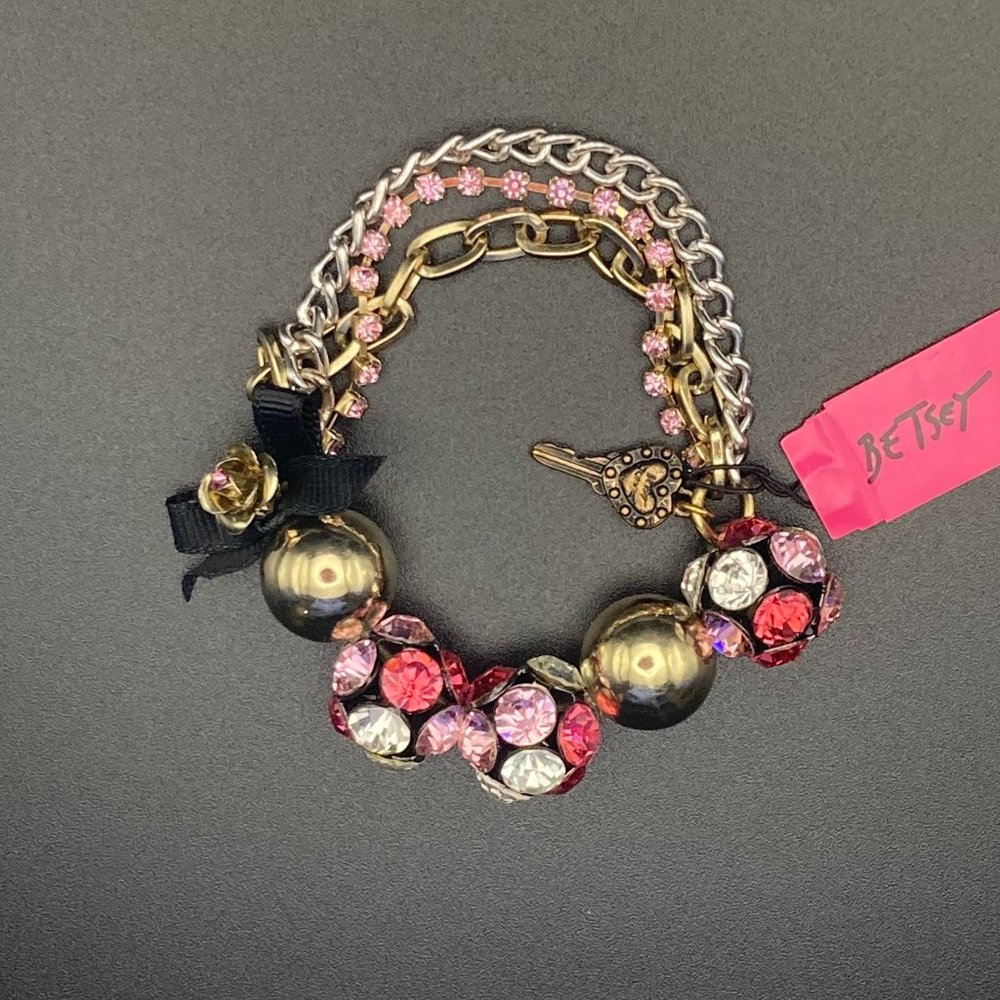 NWT Betsey Johnson Stretch Bracelet, Large Beads with Pink Inset Rhinestones